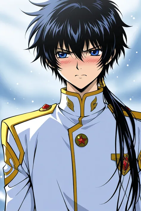 Tall 23 year-old one boy with Black hair, light cold blue eyes, bad tempered but embarrassed, wearing a white uniform. The boy is serious. CLAMP Tsubasa Chronicles drawing style. 