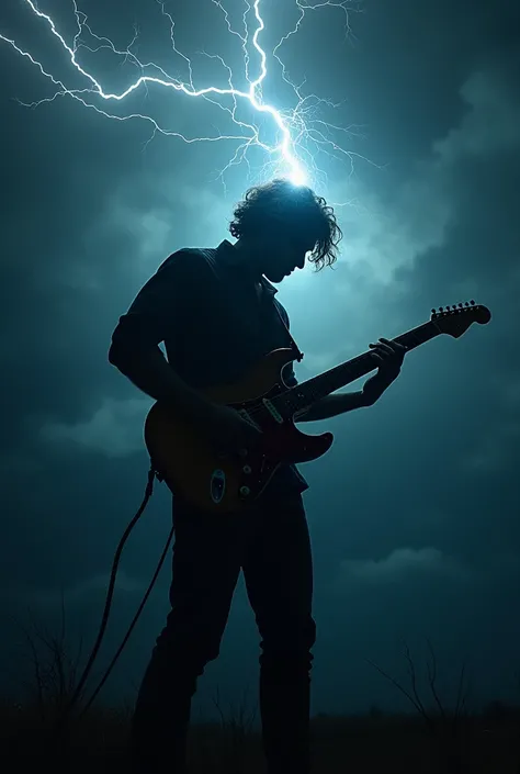 Silhouette of a man playing the electric guitar and lightning strikes his head and comes out of his guitar