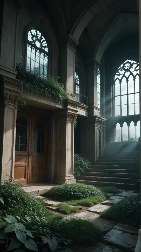 A desolate, ancient mansion surrounded by overgrown weeds and eerie fog. The building has broken windows, cracked walls, and a dark, ominous sky in the background. The atmosphere is haunting and mysterious.