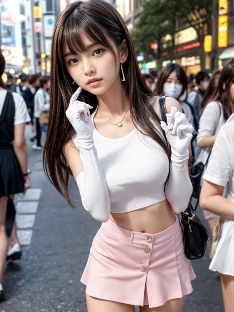 Product quality, 1 girl, cowboy shot,Front View,  young and sexy Japanese girl ,20 years old(well-proportion:1.3),Harajuku,( crowded streets :1.4),Stylish Pink Shirts ,wear,Stylish Bags, fashion necklace ,Stylish earrings,( White Ultra Super Short Micro Mi...