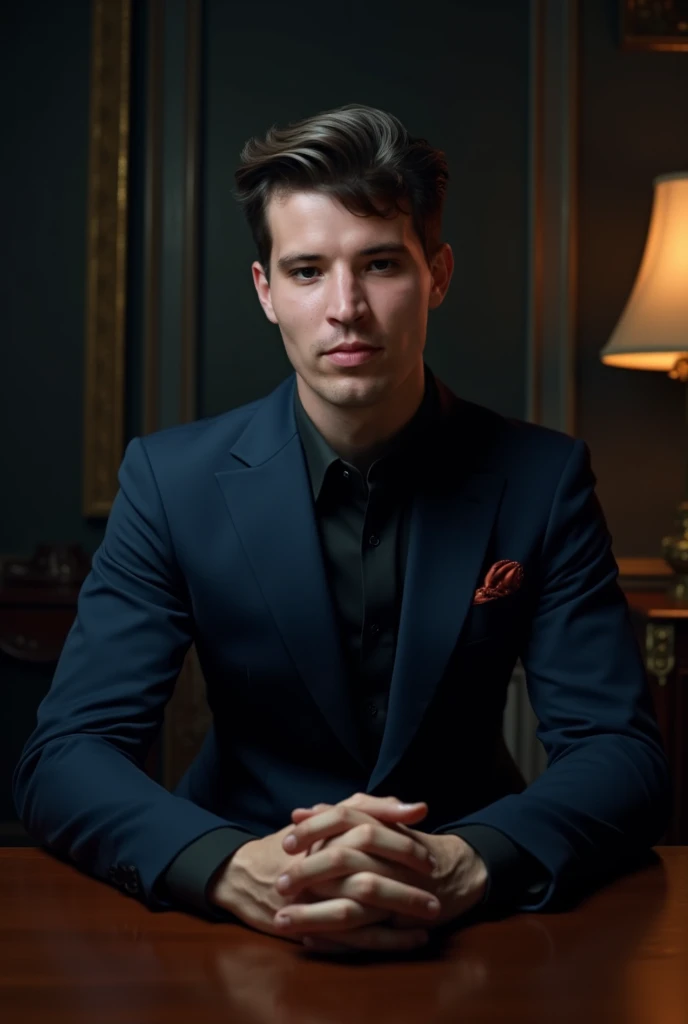 Create man in a dark blue suit sitting at a table with that face 