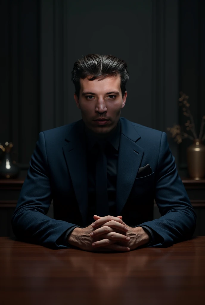 Create man in a dark blue suit sitting at a table with that face 