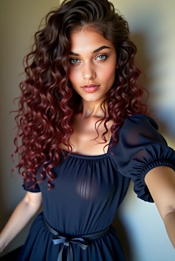 brunette woman,  curly hair, long, bulky and painted in burgundy and black,  A light and flowing midi dress , with a dark blue color. The fabric is chiffon ,  with puffy sleeves and a square neckline .  The waist is marked by a thin belt with a small bow, ...