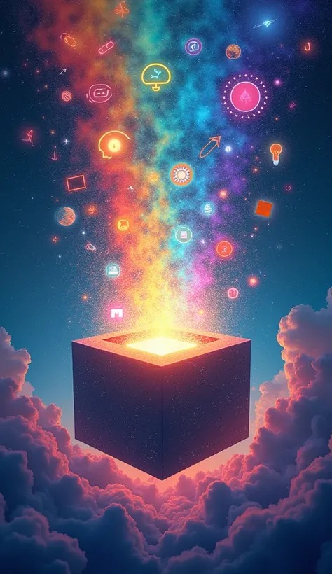 A surreal and vibrant artwork representing ‘thinking outside the box.’ A glowing cube floats in the center, with colorful, abstract ideas bursting out in the form of light trails, geometric shapes, and creative symbols like gears, paint splashes, and innov...