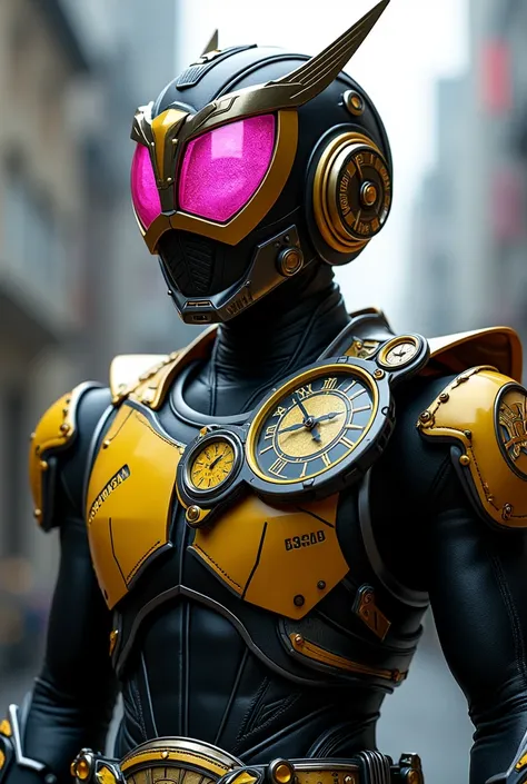 This is the image of Kamen Rider Zeronite, a character from the Kamen Rider series. The suit design features a predominantly black bodysuit with black and yellow armor accents. The helmet has a clock motif, with pink clock hands and an analog clock face de...