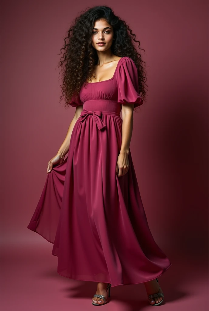 brunette woman,  curly hair, long, bulky and painted in burgundy and black,  A light and flowing midi dress , with a dark pink color. The fabric is chiffon ,  with puffy sleeves and a square neckline .  The waist is marked by a thin belt with a small bow, ...