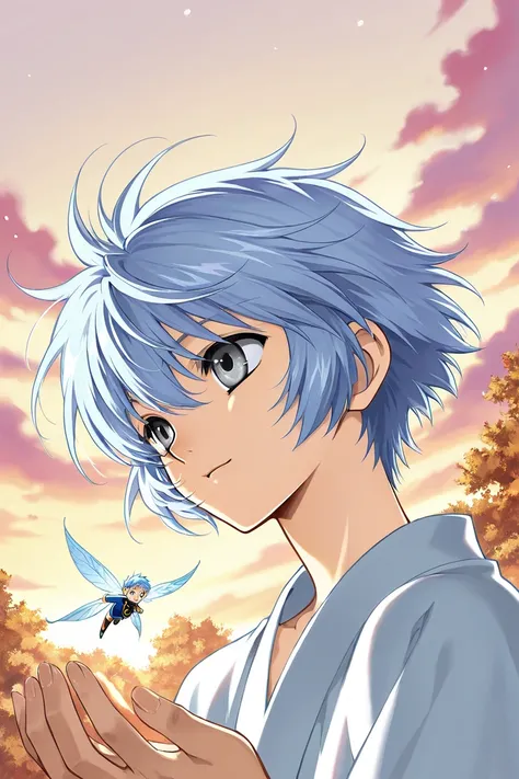 A little fairy boy blue haired with gray eyes flying. He is brave and smiling. Clamp Tsubasa chronicles drawing shoujo manga style. 