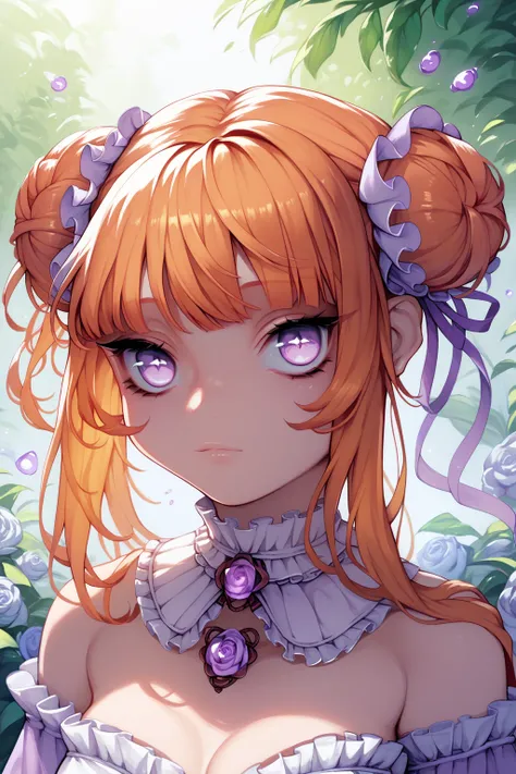 score_9, score_8_up, score_7_up, high resolution, 1girl, looking at viewer, beautiful face, detailed pupils, orange hair, triple bun, fringed bangs, light purple eyes, breasts, 