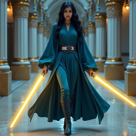  Use this image and create a woman with the same face. (( realistic )) long black hair.  He wears cyan and dark blue Jedi tunics . He wears cyan pants .  He wears knee-high boots in dark blue .  She wears a white belt .  He holds a single-leaf light sabre ...