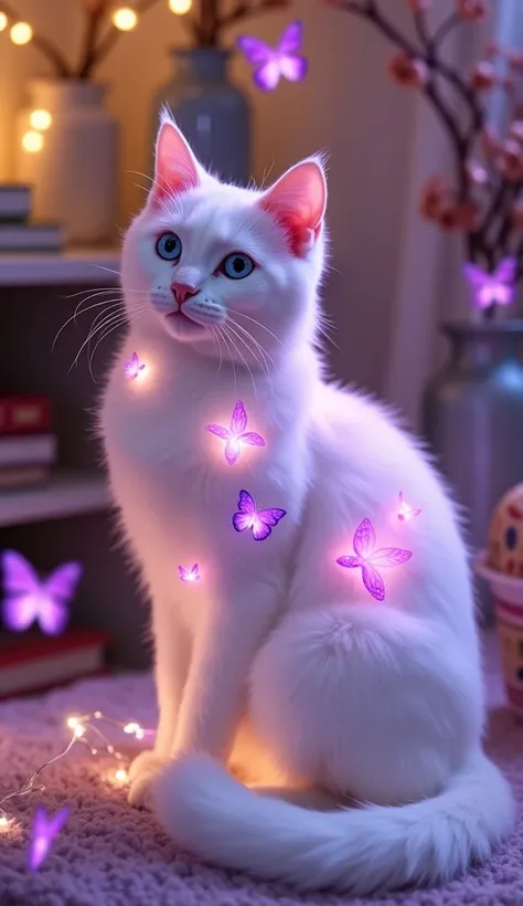 A luminous white cat with a glossy, ethereal texture, decorated with glowing purple butterflies scattered across its body. The cat is sitting elegantly in a cozy indoor setting, surrounded by delicate glowing fairy lights and vibrant purple butterflies fly...