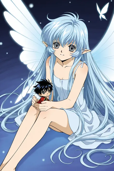 A little elf mini fairy boy blue haired with gray eyes. Has wings. He is brave and smiling. Clamp Tsubasa chronicles drawing shoujo manga style. 