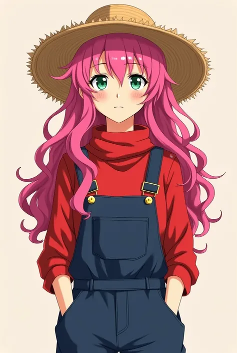 anime-style panel :  make an ADULT girl with long hot pink curly hair + green eyes+ wearing a jumpsuit dressed in dark blue with a red shirt and a red scarf+ wearing a farmers straw hat 