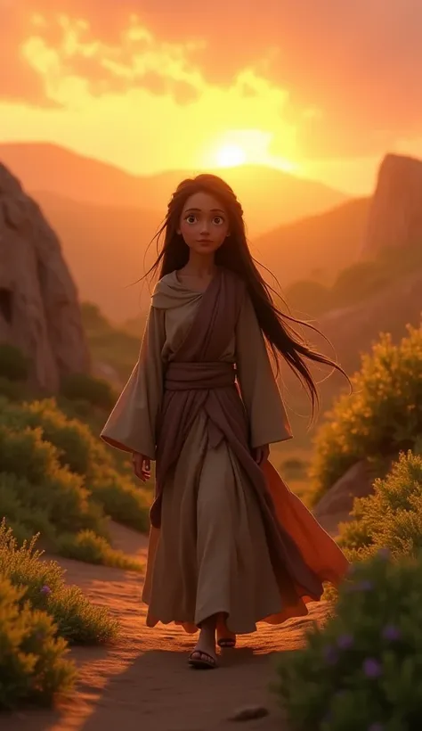 Pixar style Mary Magdalene walking towards the tomb of Jesus at sunrise,  with tears in the eyes.