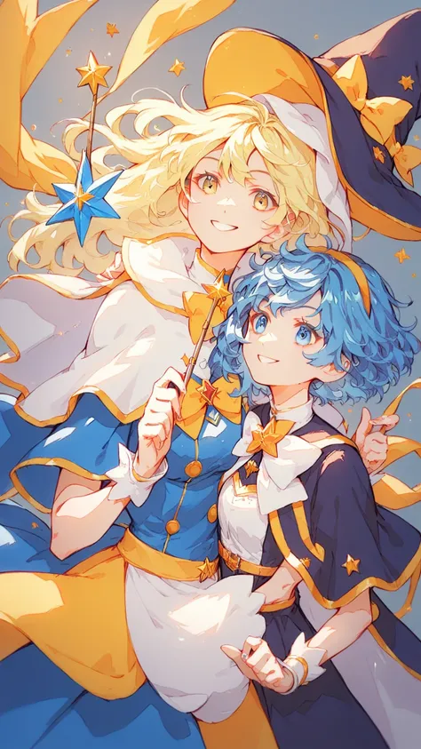 two female anime style characters, magical girl costumes, bow, capelet, witch hat, 2girls, holding a wand One girl with (long hair, blonde hair, soft hair, blue eyes, smile) Another girl with (short hair, blue hair, yellow eyes, smile)