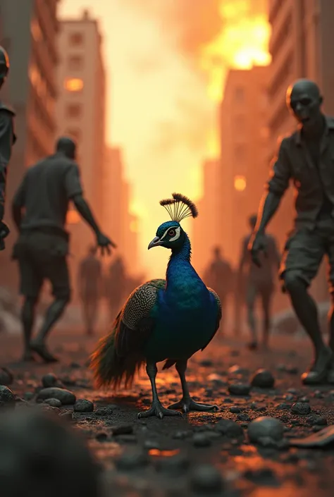  made by me 3D image real atmosphere of zombie apocolalypse .background of a destroyed city on fire  ,a baby peacock surrounded by scary zombies