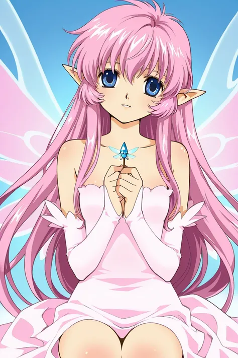 A little elf mini fairy girl pink haired with blue eyes. Has wings. She is brave and smiling. Clamp Tsubasa chronicles drawing shoujo manga style. 