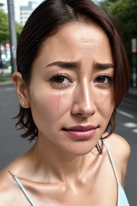  beautiful Japanese actress , 1 girl,Flying debris,, Award-Winning Photos,  very detailed,  in front of the parks public toilet entrance, Nose and mouth, focus on face ,   extreme close-up of face  、 Age 35,Brown Hair、Symmetrical face,Realistic nostrils、 a...