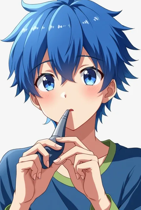 Blue-haired anime boy sucking a penis