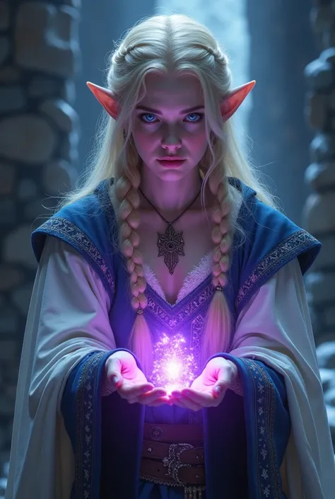 Elf woman, pointed ears, twenty-five years old, blue eyes, long blonde hair braided in Viking woman style, Nordic clothes in shades of blue and white, casting a magic spell with glowing Nordic runes, with eerie purple light, in a castle tower.