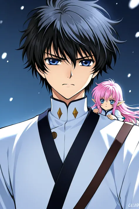 Tall 23 year-old one boy with Black hair, light cold blue eyes, bad tempered but confident, wearing a white uniform. The boy is serious. On his shoulder is a little fairy elf mini girl with short pink hair. Clamp Tsubasa chronicles drawing shoujo manga sty...