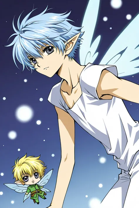 Boy chibi elf fairy boy blue haired with gray eyes. Has wings. He is brave and smiling. Clamp Tsubasa chronicles drawing shoujo manga style. 