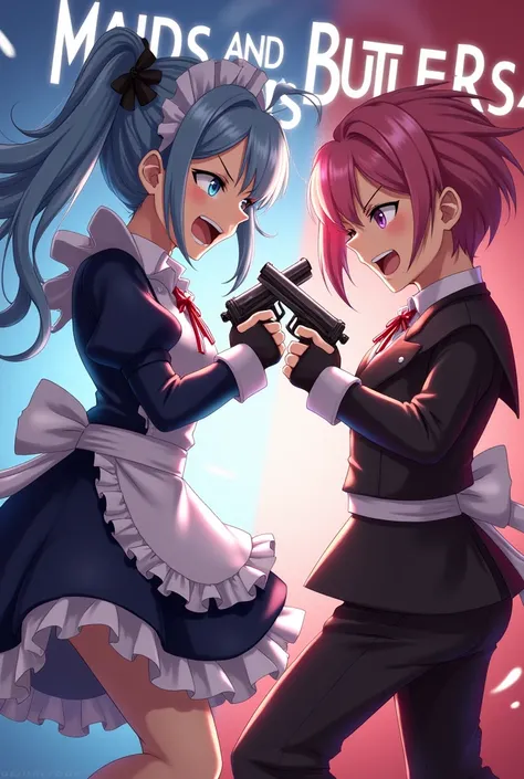 Maid and Butler fighting each other, violence, video game, title "Maids and Butlers Wars", guns in hands, anime