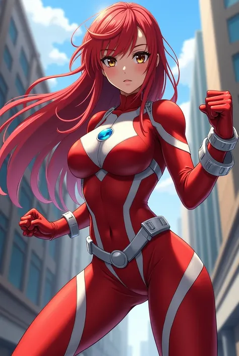 My Hero Academia Style , Anime girl, female, young female ,Full Body Shot,(fighting Pose:1.3),Long hair, Red Hair,  Brown Eyes,Hero Suit, Full Body Suit, red suit with white details,small round blue jewel in the center of the chest, perfect anatomy,  Tough...