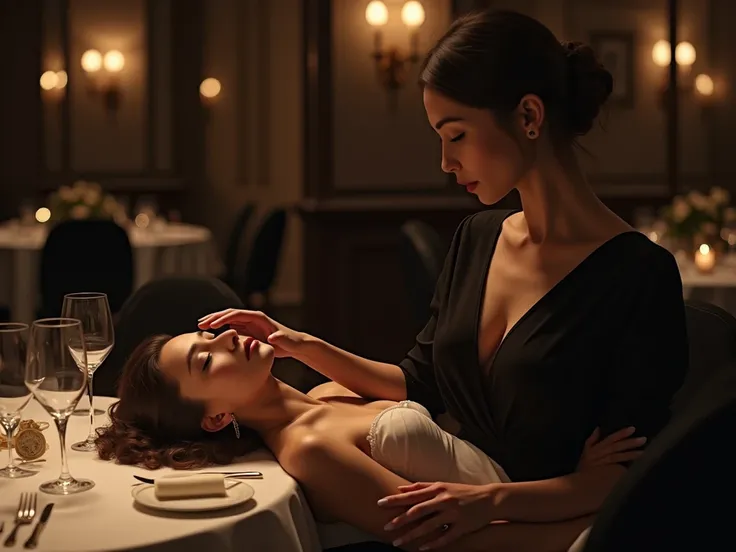 A female hypnotist touch the forehead of an elegant sleeping woman at her restaurant table