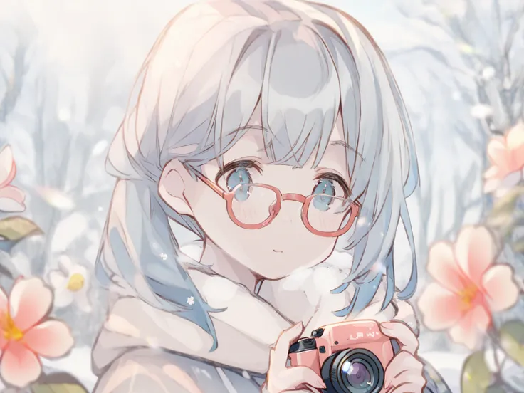 1 girl,  Grey Hair,   blue eyes, side ponytail, red rimmed glasses、 Expansive Park 、The beginning of spring 、Flowers bloom in the snow、Hold the camera、後ろ向き、しゃがむ、