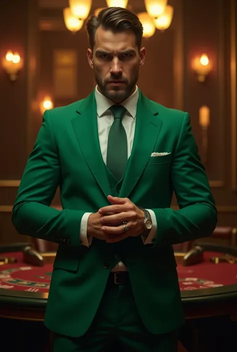 A young casino man ((30 years old)) wearing green suit standing and hes giving us a warning 