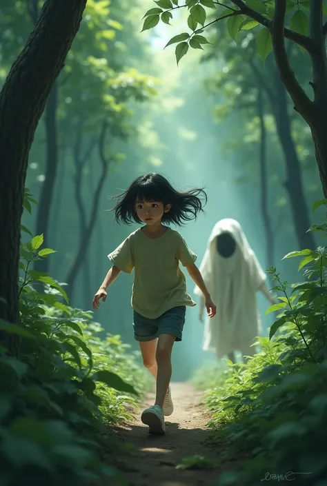 Young Korean girl  ,  uses casual clothes in chase of ghost pocong facing forward in dense forest background