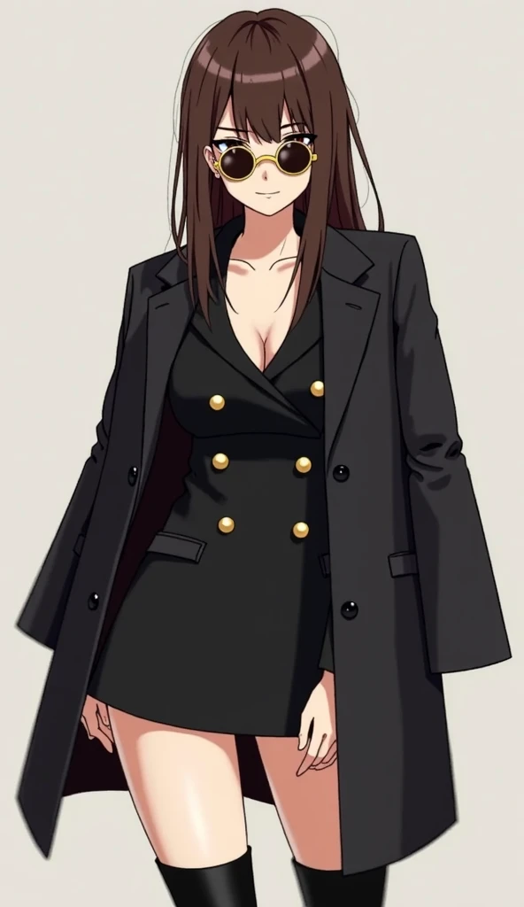 Create a feminine Oc of Bungou Stray Dogs with a slightly curvaceous body, have dark brown eyes , Smooth and long dark brown hair , have fair skin, and wear glasses with round and gold frames . She is wearing a short blazer dress , in black color, And the ...