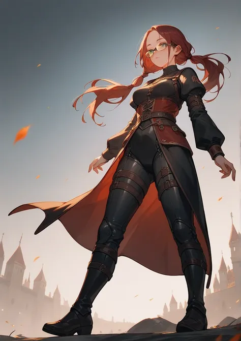 below, full body, score_9, score_8_up, score_7_up, (solo), burgundy hair, green eyes, oval glasses, long hair, forehead, (black tight suit),  two big daggers, medieval setting, two low hair tails, medium breasts, ((narrowed eyes))
