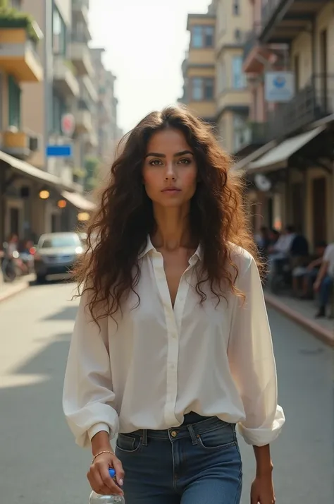 a young woman, 20 years old, white,  long curly hair, brown,  in a serious face, walking down the street holding a water bottle,blusa white,little full body,beautiful