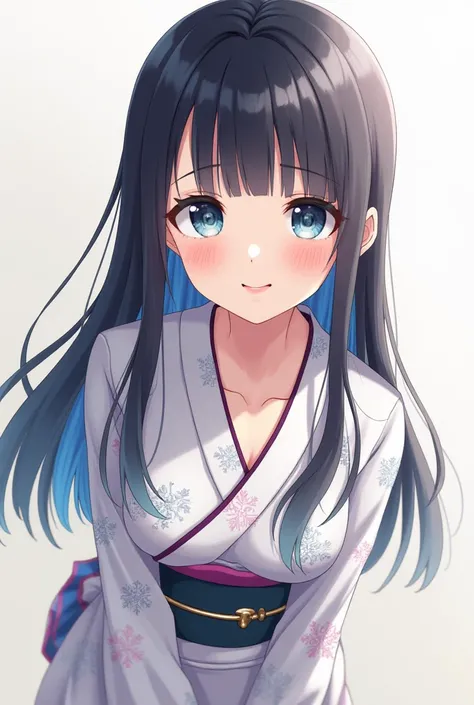  Japanese girl 、blue highlights on long dark hair、 pretty smile 、Realistic、 Shinkai Makifu 、whole body、From the chest up、 shorts、kimono pattern top、Mr.々Expression