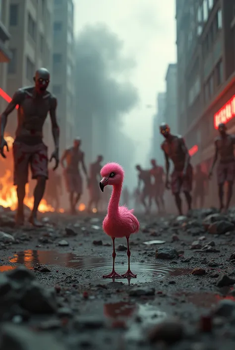  made by me 3D image real atmosphere of zombie apocolalypse .background of a destroyed city on fire  ,a baby flaminggo bird surrounded by scary zombies