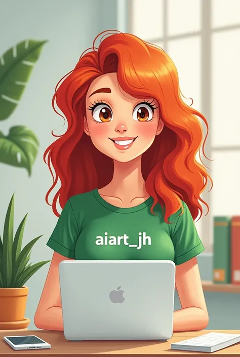  Cute drawing of red-haired Brazilian woman doing computer work ,  looking at the camera  , With green t-shirt written  "AIart_JH"