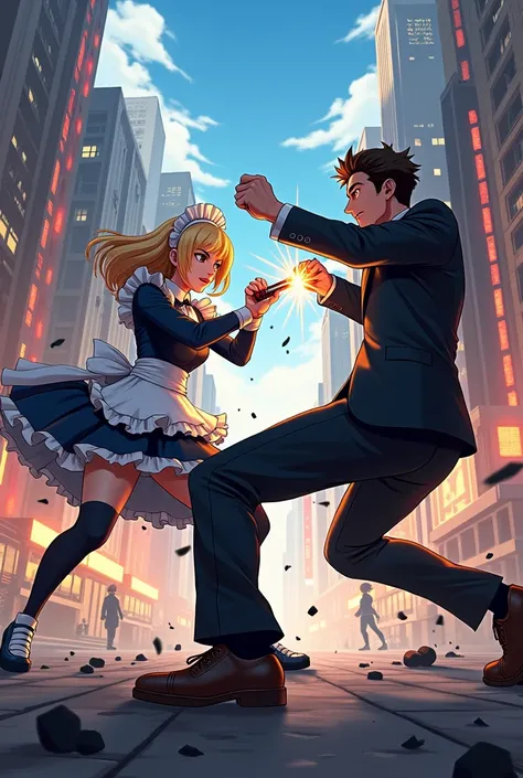 Maid and Butler fighting each other, violence, video game, title "Maids and Butlers Wars", gang, anime