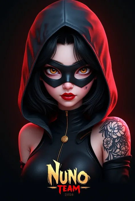 Create a 3d female chines superhero logo, black short hair, red lipstick, hooded and masked, has a black infiniti tattoo and below the picture there is a nuno team writing written in bold and elegant capital letters with a black background with a gold, red...