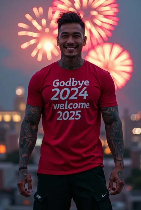  A handsome Asian man , full body tatto ,wearing a red t-shirt with a name on it "GODBYE 2024 WELCOME 2025 "  under black short cargo pants , wears Nike shoes , is standing on a building ,with a smile, looks real ,cinematik, night background and fireworks ...