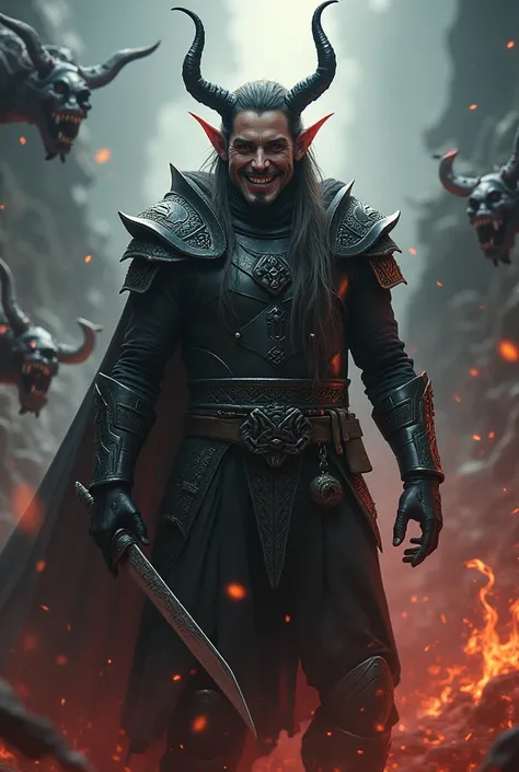 Viking elf black lips black horns smiling among demons in battle