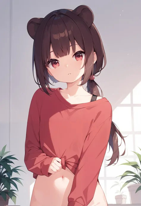 masterpiece, best quality, 1 cute small girl , short dark brown hair, straight hair, straight bangs, fringe, low ponytail, bear ears, crimson eyes, flat chest, red sweatshirt, on her room