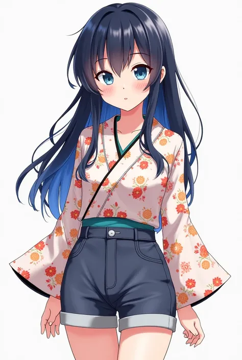    Japanese girl  、blue highlights on long dark hair、 Very nice smile 、 realistic 、 Shinkai Makifu 、whole body、Kimono pattern only on the top、 shorts、No emphasis on breasts、