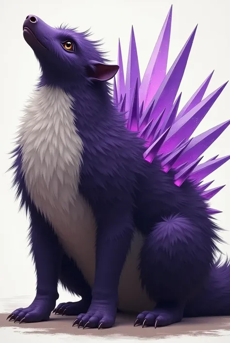 an animal,  a large purple and pale white anteater in its belly with dark eyes with purple crystals pouring out of its back as if they were thick thorns, looking up while sitting 