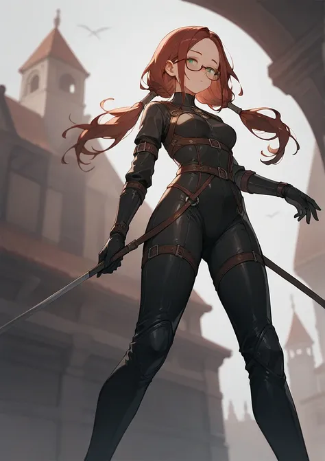 ((below)), full body, score_9, score_8_up, score_7_up, (solo), burgundy hair, green eyes, oval glasses, long hair, forehead, (black tight suit), two big daggers, medieval setting, two low hair tails, medium breasts, ((narrowed eyes))
