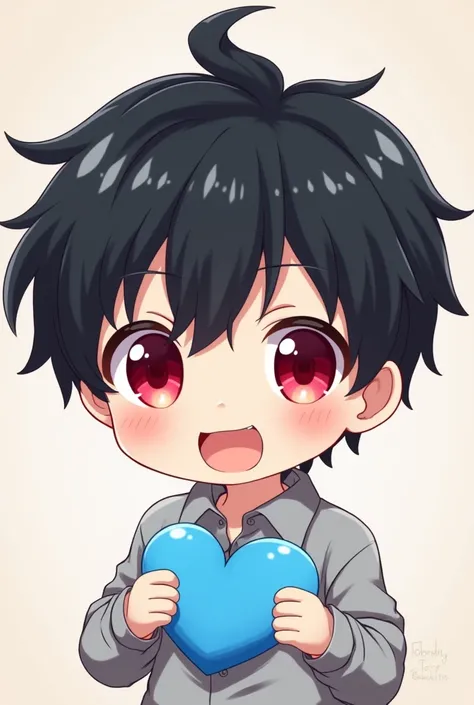  generates a chibi anime-style boy with black hair and red eyes , And that he has a blue heart 