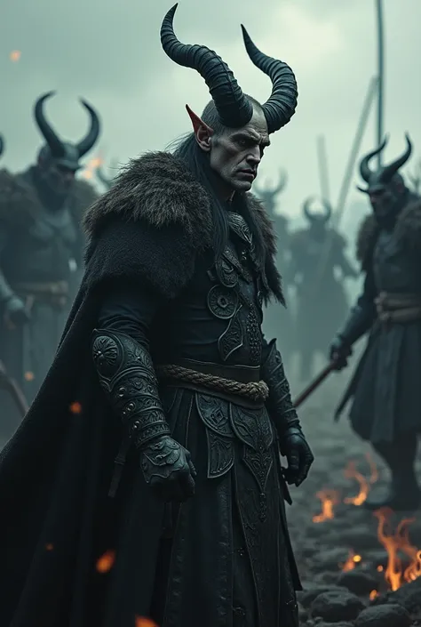 Viking elf black lips black horns between demons in battle