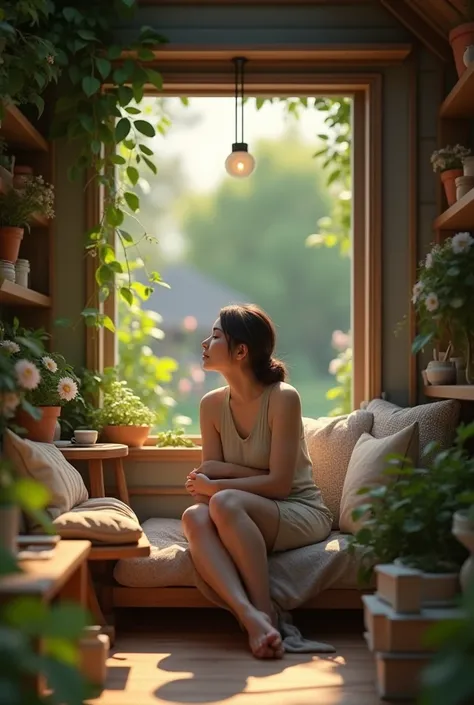 3D image of another person relaxing alone in a garden cottage while pensive 