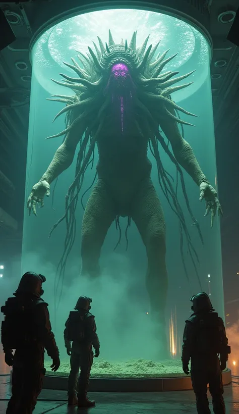 "A towering, nightmarish creature submerged in a reinforced, fogged glass tank, its form a chaotic blend of organic tissue and metallic appendages. Its gaping, circular mouth is lined with rows of needle-like teeth, while countless writhing, vine-like limb...