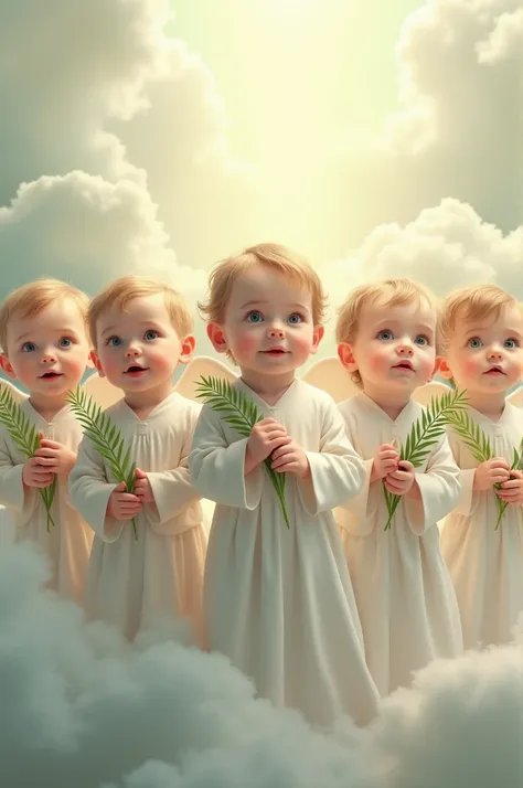 Innocent saints : 6  babies .  dressed in white robes and palms on their hands